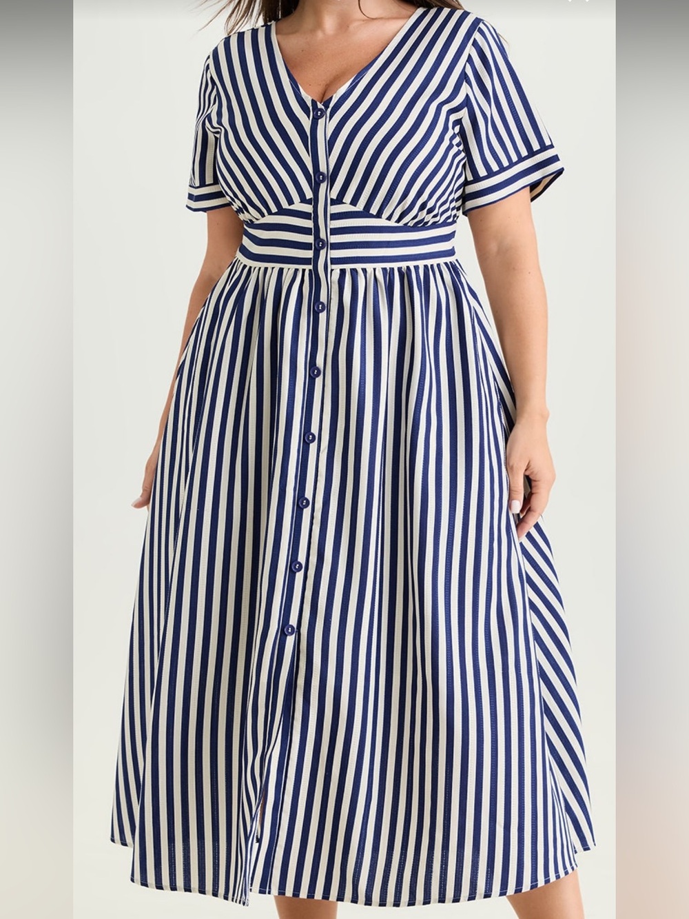 Striped Print Shirred Button Detail Midi Dress (12/L) Navy Blue